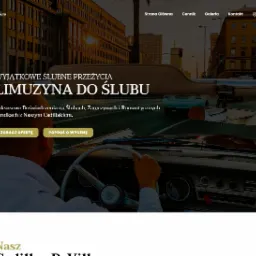 Widok z wnętrza klasycznego kabrioletu Cadillac na tle miejskiej zabudowy, prezentujący stronę internetową firmy oferującej wynajem limuzyn do ślubu, z widocznym tekstem 'LIMUZYNA DO ŚLUBU'.