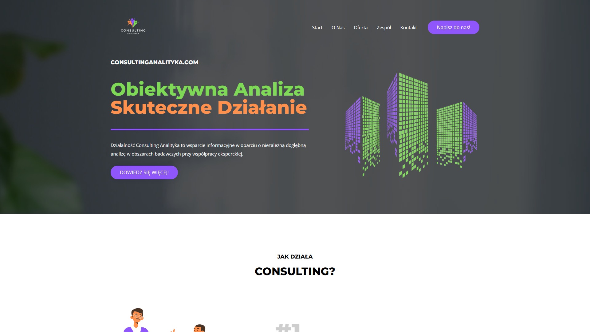 Strona internetowa firmy Consulting Analityka z hasłem 'Obiektywna Analiza, Skuteczne Działanie' i graficzną wizualizacją budynków z pikseli w odcieniach zieleni i fioletu.