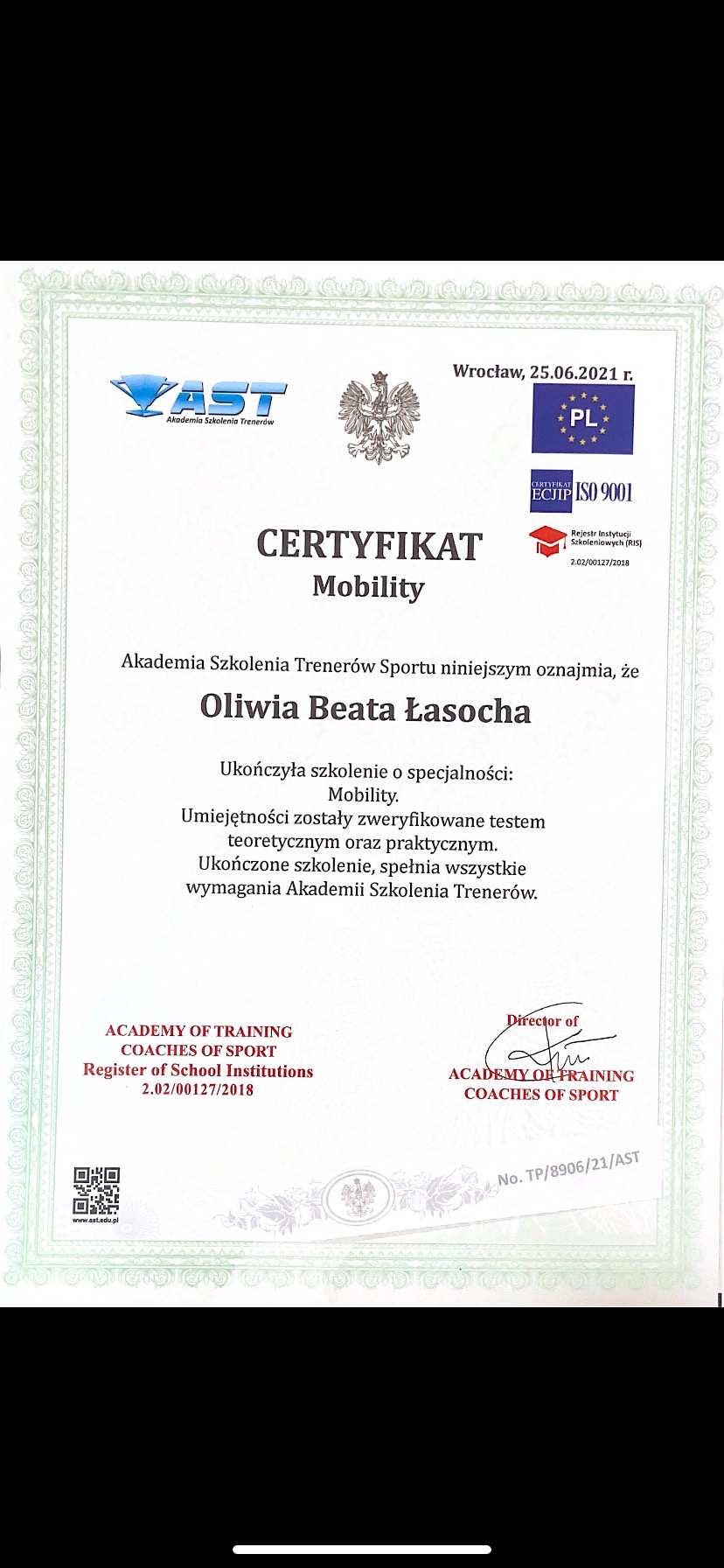 Certyfikat ukończenia szkolenia Mobility przez Oliwia Beata Łasocha, wydany przez Akademię Szkolenia Trenerów Sportu z Wrocławia, 25.06.2021.