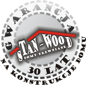 Logo firmy Stan-Wood Domy Drewniane z napisem 'Gwarancja na konstrukcje domów 30 lat', stylizowane na pieczęć z motywem domu.