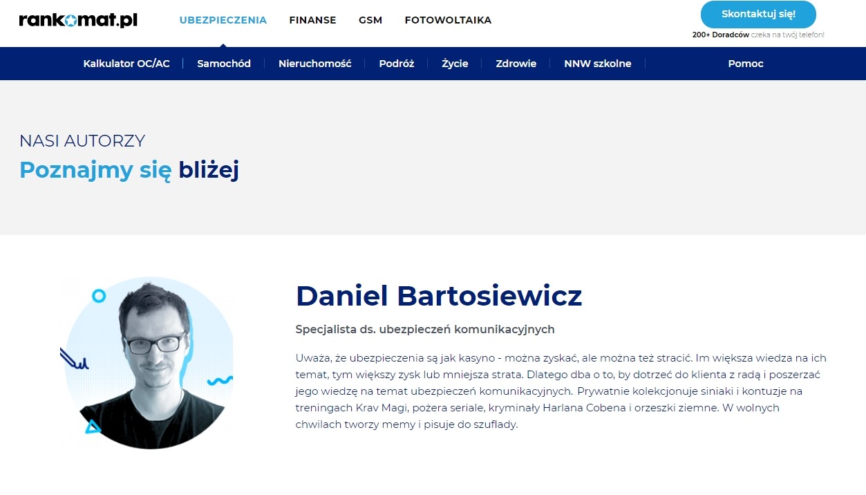 Strona internetowa z prezentacją autora: Daniel Bartosiewicz, specjalista ds. ubezpieczeń komunikacyjnych, z jego zdjęciem portretowym w okręgu z abstrakcyjnymi elementami graficznymi.