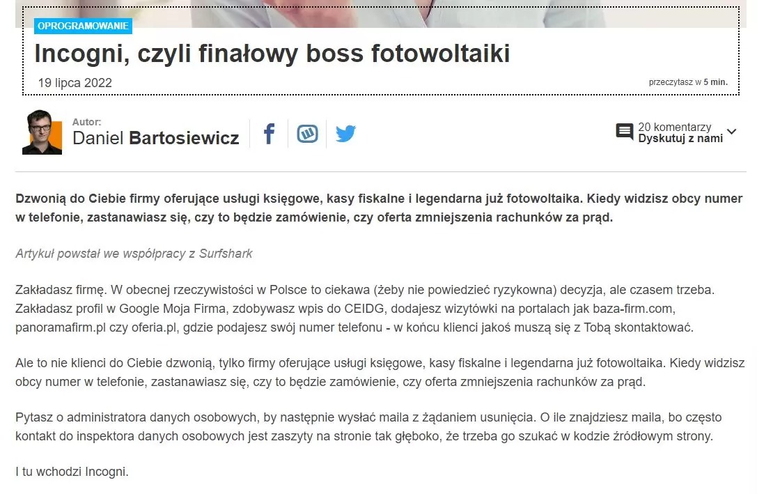 Zrzut ekranu artykułu o Incogni, firmie zajmującej się ochroną danych osobowych, opublikowanego na stronie benchmark.pl, z nagłówkiem 'Incogni, czyli finałowy boss fotowoltaiki' i informacją...