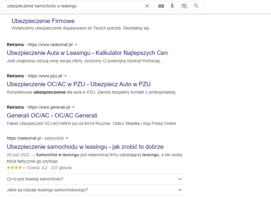 1. miejsce w wynikach organicznych na frazę 'Ubezpieczenie samochodu w leasingu'