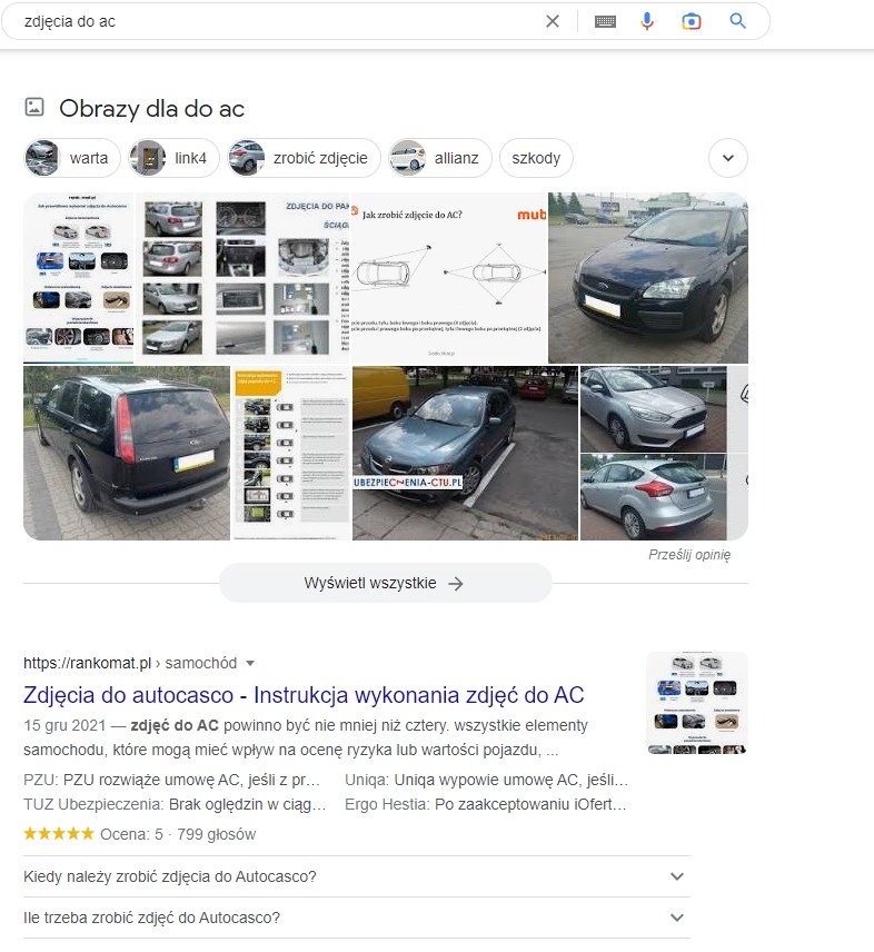 1. miejsce w wynikach organicznych na frazę 'zdjęcia do AC' i kilka innych semantycznie zbliżonych