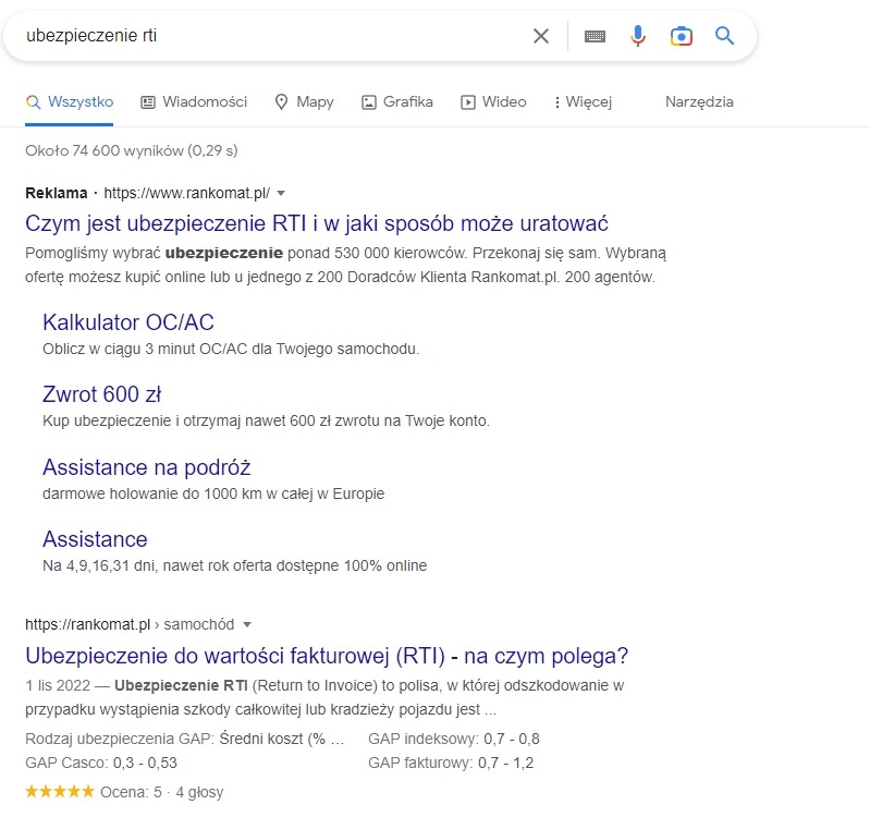 1. miejsce w wynikach organicznych na frazę 'ubezpieczenie RTI' oraz 'Ubezpieczenie do wartości fakturowej'