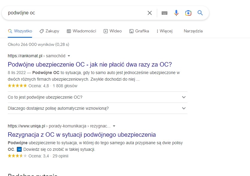 1. miejsce w wynikach organicznych na frazę 'podwójne oc'