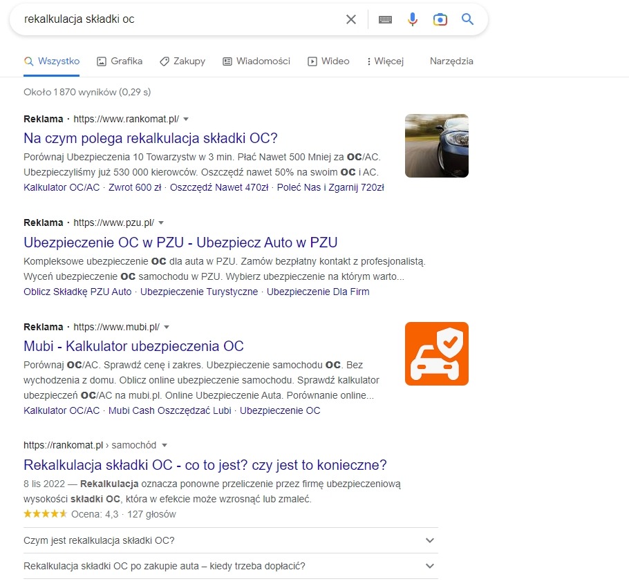 1. miejsce w wynikach organicznych na frazę 'rekalkulacja składki oc'