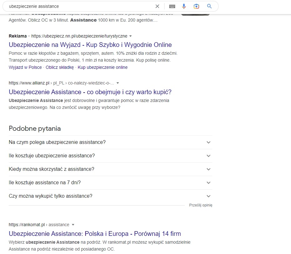 2. miejsce w wynikach organicznych na bardzo trudną frazę 'ubezpieczenie assistance'