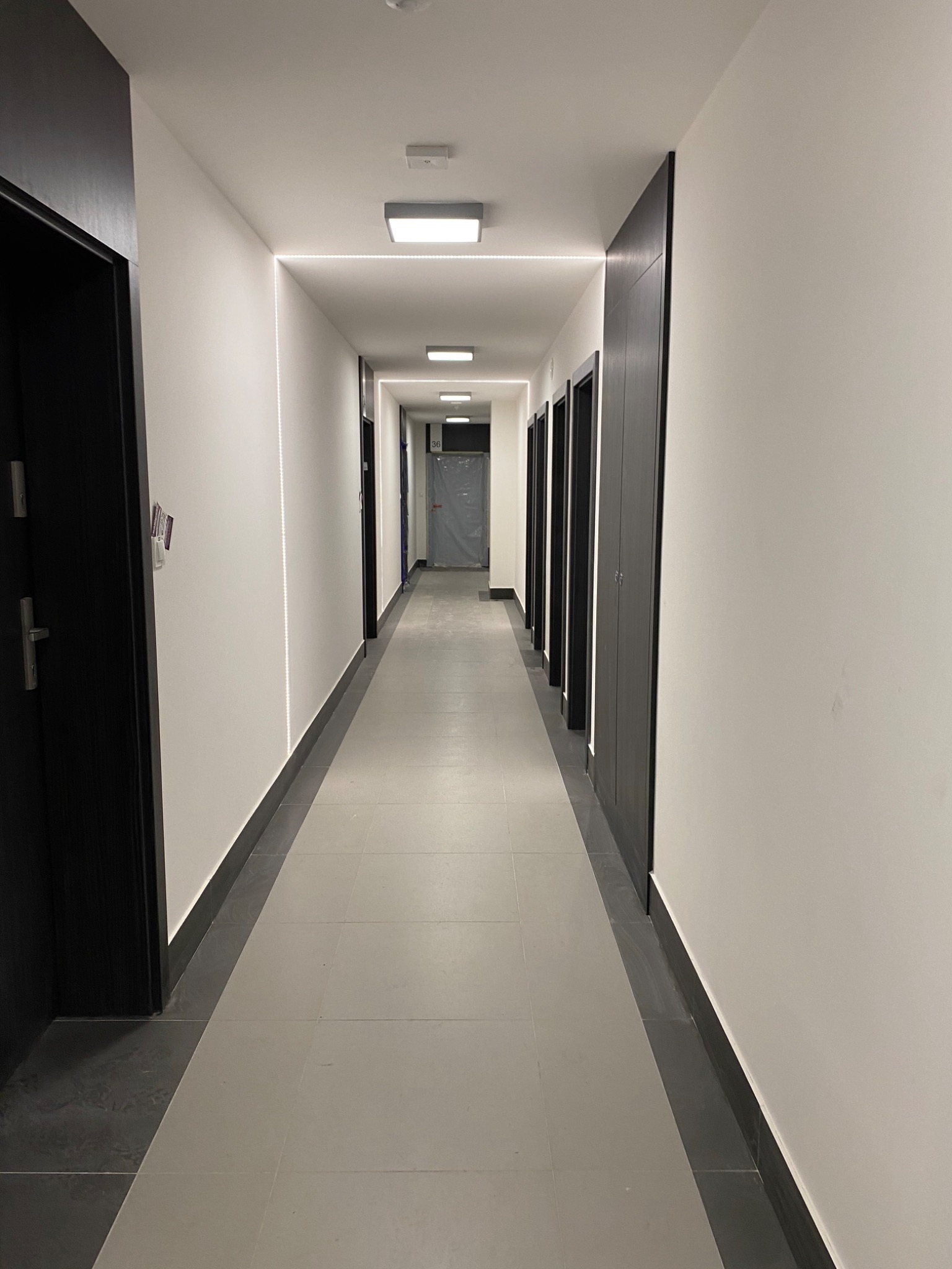 Długi korytarz w nowoczesnym stylu z rzędem ciemnych drzwi po obu stronach, oświetlony liniami LED w suficie i listwami przypodłogowymi w kolorze grafitowym.
