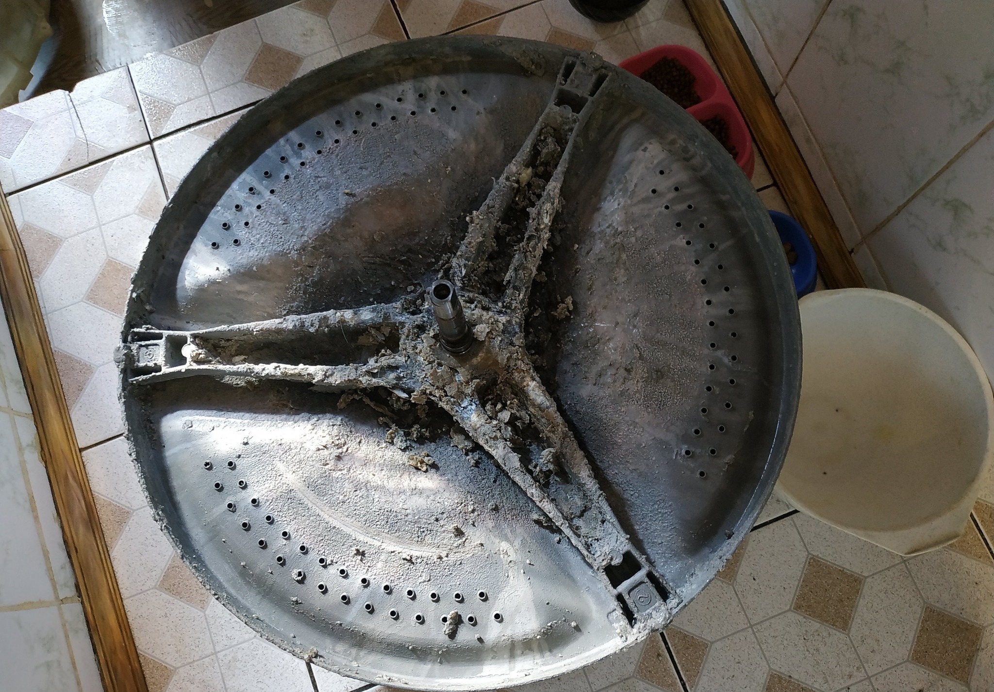 Zdemontowany, silnie zabrudzony bęben pralki automatycznej, widoczne osady i zanieczyszczenia, tło stanowią kafelki podłogowe i miski.