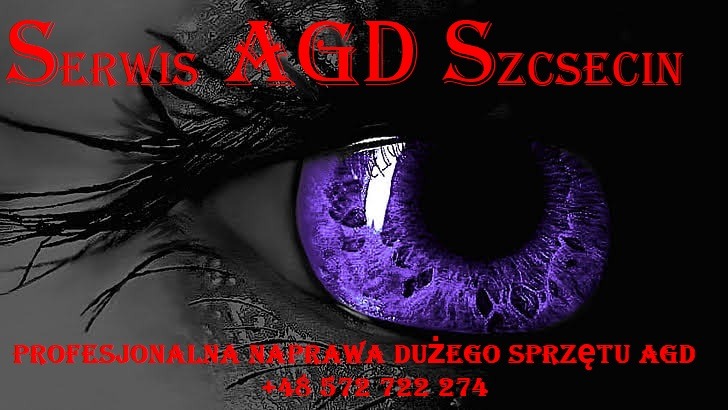 Oko z fioletową tęczówką, stylizowane na logo firmy Serwis AGD Szczecin, z tekstem 'Profesjonalna naprawa dużego sprzętu AGD' i numerem telefonu +48 572 722 274, na ciemnym tle.
