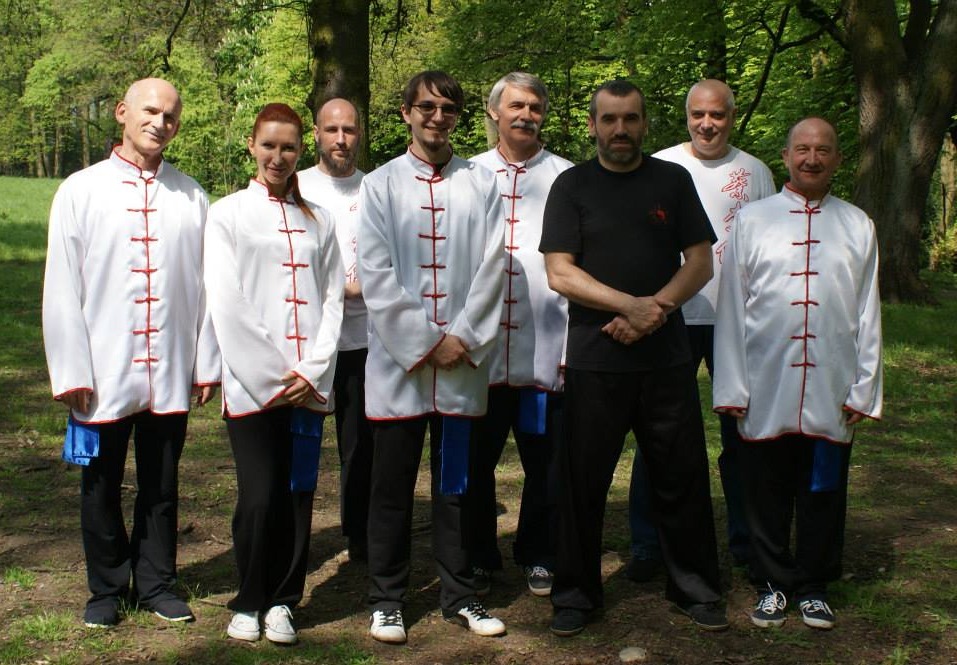 Grupa osób w strojach do ćwiczeń Tai Chi stoi na tle drzew w parku.