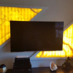 Telewizor wiszący na ścianie z dekoracyjnym podświetleniem z onyksu w kształcie trójkątów, otoczonych białymi ramami, stojący na szafce RTV z elementami dekoracyjnymi.