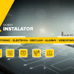 Grafika reklamowa firmy 'Dobry Instalator' z ikonami usług (kamera, elektronika, dotykowy ekran, antena satelitarna, router) na tle otwartej księgi z panoramą miasta i schematycznymi połączeniami.