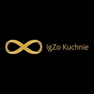 Złote logo firmy IgZo Kuchnie na czarnym tle, symbol nieskończoności po lewej stronie nazwy.