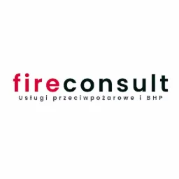 Logo firmy Fireconsult z czerwonym napisem 'fire' i czarnym 'consult', pod spodem szary napis 'Usługi przeciwpożarowe i BHP'.