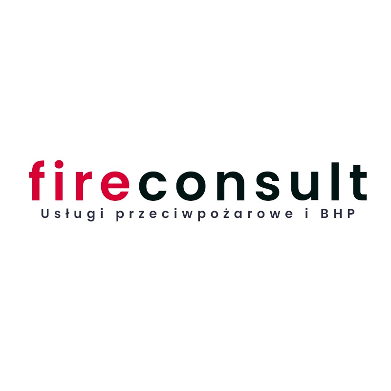 Logo firmy Fireconsult z czerwonym napisem 'fire' i czarnym 'consult', pod spodem szary napis 'Usługi przeciwpożarowe i BHP'.