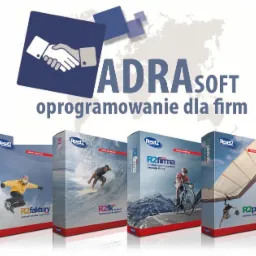 Oprogramowanie dla firm AdraSoft: pudełka z programami R2faktury, R2fk, R2firma i R2platnik na białym tle z mapą świata w tle.