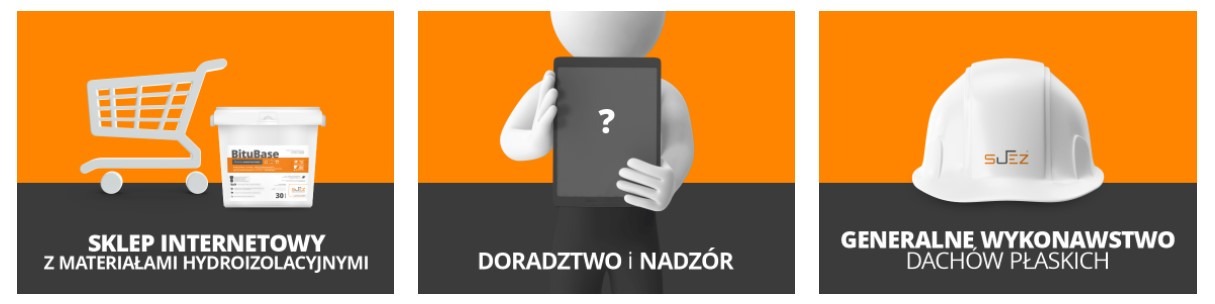 Kompozycja graficzna przedstawiająca: wózek sklepowy z pojemnikiem Bitubase, postać trzymającą tablet z znakiem zapytania, oraz biały kask budowlany z logo SUEZ, na pomarańczowo-szarym tle.