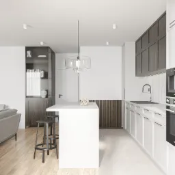 Wizualizacja nowoczesnej kuchni z wyspą, drewnianymi akcentami i minimalistycznym oświetleniem, widok na salon z szarą sofą.