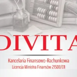 Logo Kancelarii Finansowo-Rachunkowej DIVITA z abakusem, kałamarzem i stosem zapakowanych prezentów w tle.
