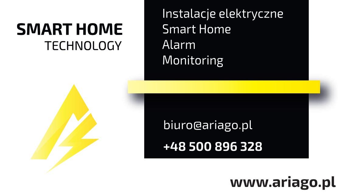 Grafika reklamowa firmy oferującej usługi z zakresu inteligentnego domu, alarmów, monitoringu i instalacji elektrycznych, z logo w kształcie stylizowanego pioruna i danymi kontaktowymi.