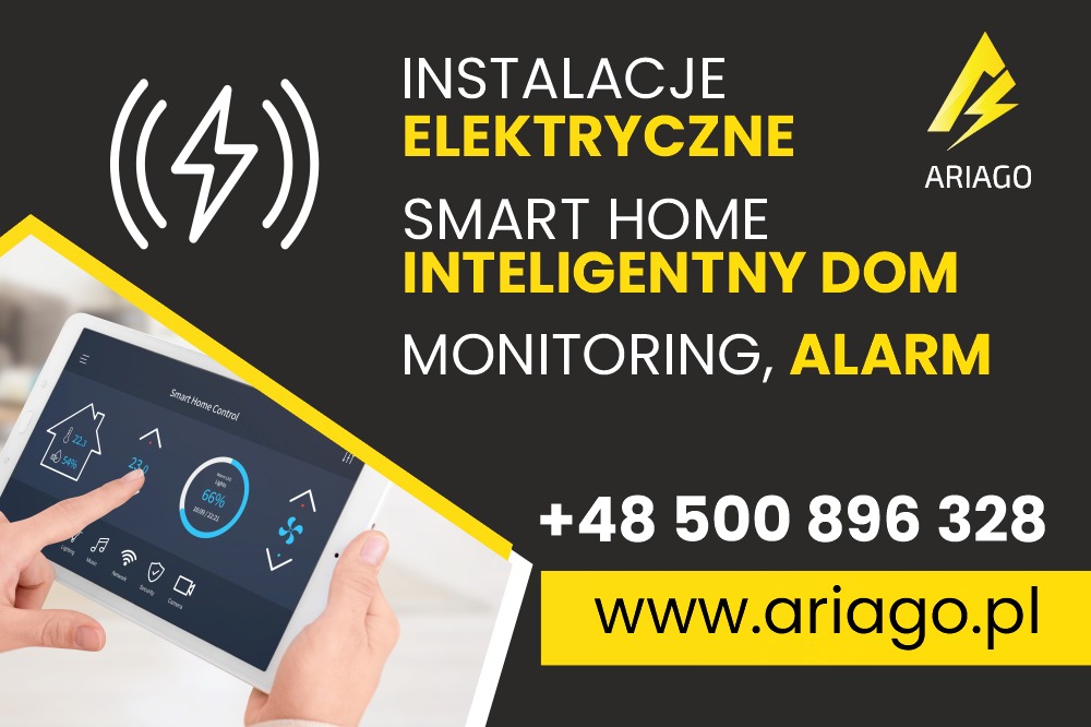 Reklama firmy Ariago oferującej instalacje elektryczne, inteligentny dom, monitoring i alarmy, prezentująca tablet z interfejsem sterowania inteligentnym domem, obsługiwany przez dłoń, na tle logo...