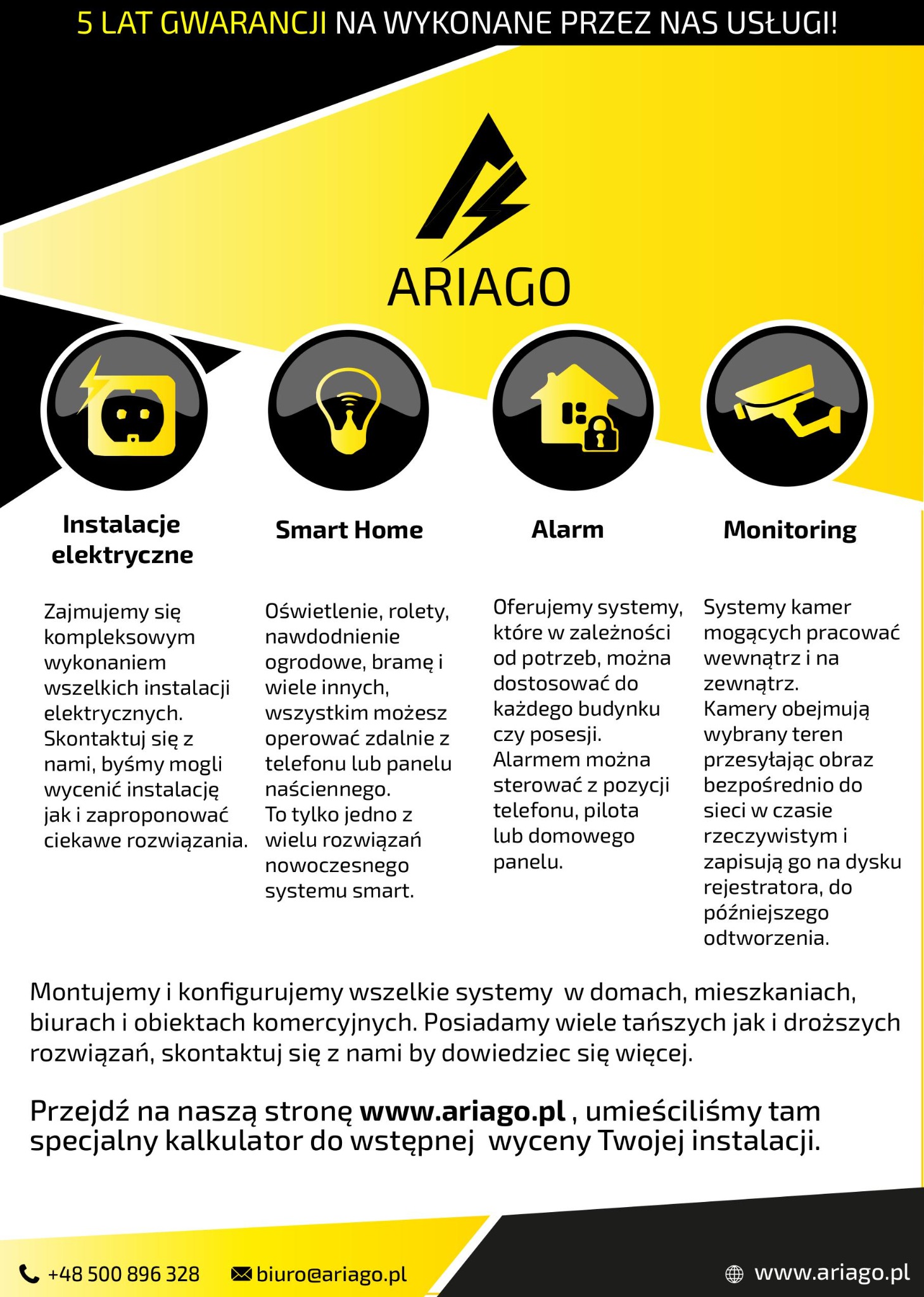 Grafika reklamowa firmy Ariago prezentująca cztery obszary działalności: instalacje elektryczne, inteligentny dom, alarmy i monitoring, z krótkimi opisami usług i wezwaniem do kontaktu.