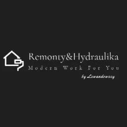 Logo firmy remontowo-hydraulicznej z minimalistycznym symbolem domu i wałka do malowania, nazwa 'Remonty&Hydraulika' w eleganckiej czcionce, hasło 'Modern Work For You' i podpis 'by Lewandowscy'...