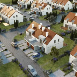 Wizualizacja osiedla domów jednorodzinnych z brązowymi dachami, widok z lotu ptaka, ukazujący zagospodarowanie terenu z podjazdami, ogrodami i samochodami.