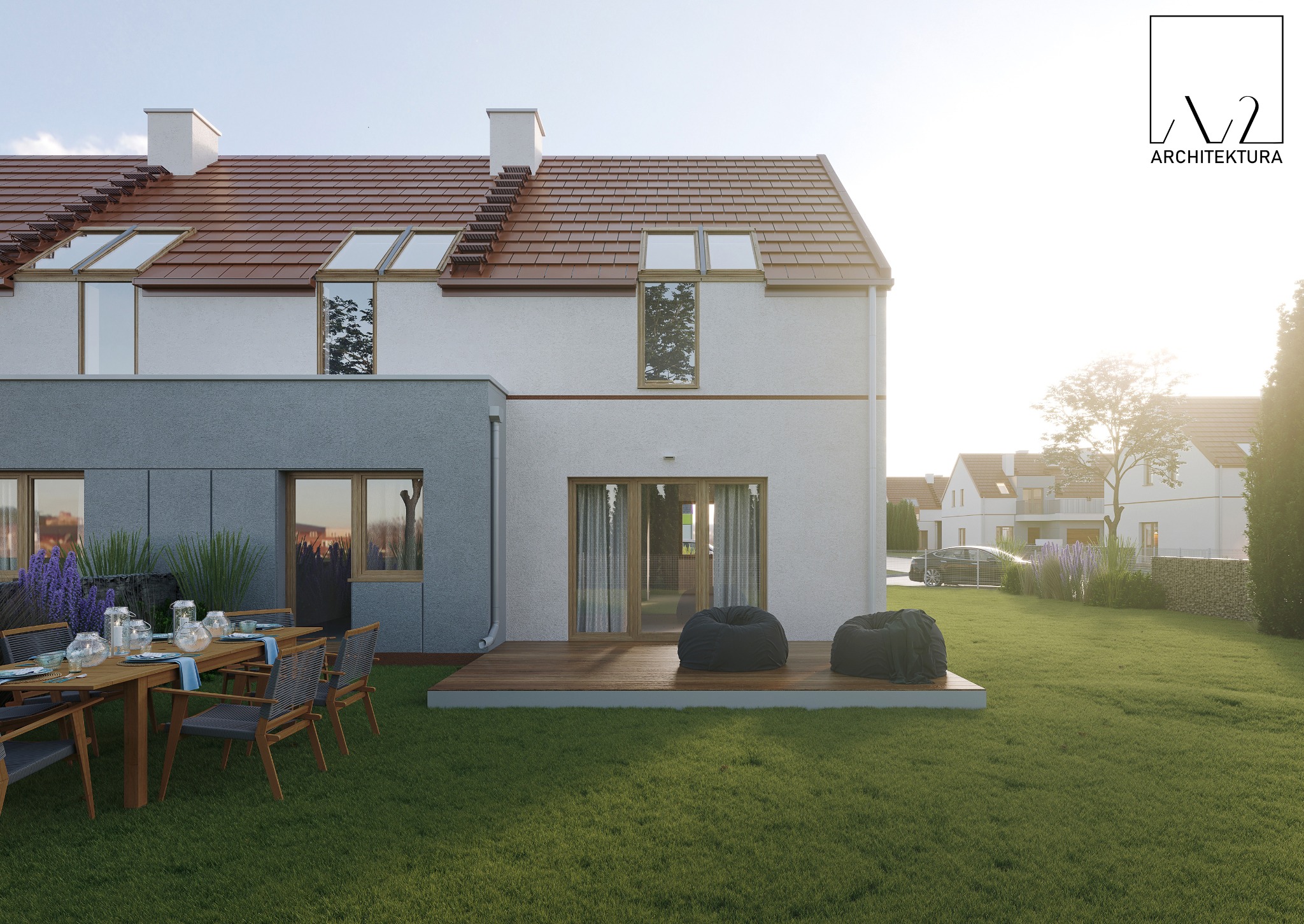 Wizualizacja osiedla domów bliźniaczych z ogrodem, na którym znajduje się stół z zastawą i dwa pufy na drewnianym tarasie.