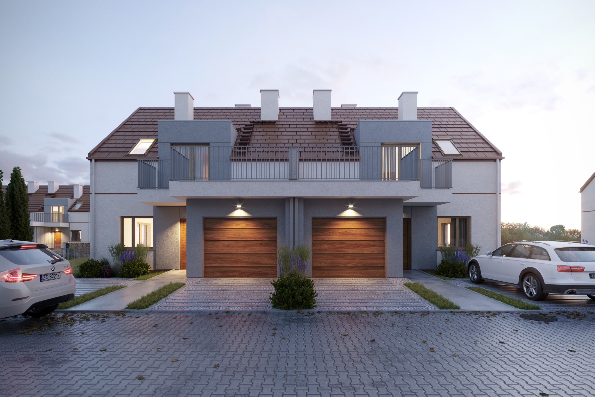 Wizualizacja bliźniaczego domu z drewnianymi bramami garażowymi, balkonami z metalowymi balustradami i dwuspadowym dachem z lukarnami, oświetlonego ciepłym światłem wieczornym.