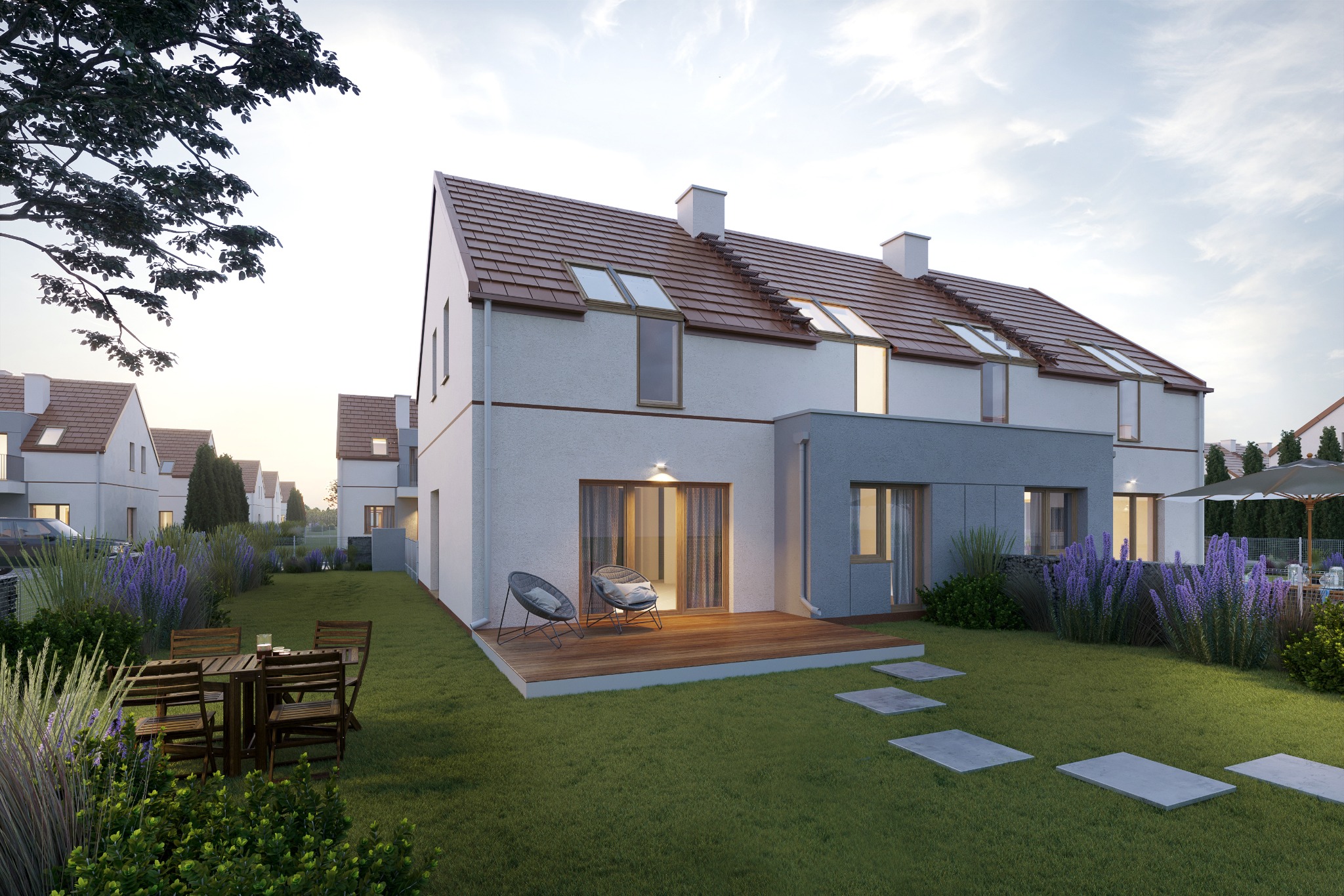Wizualizacja szeregu nowoczesnych domów jednorodzinnych z drewnianymi tarasami i starannie zagospodarowanym ogrodem z meblami ogrodowymi i ścieżką z płyt betonowych.