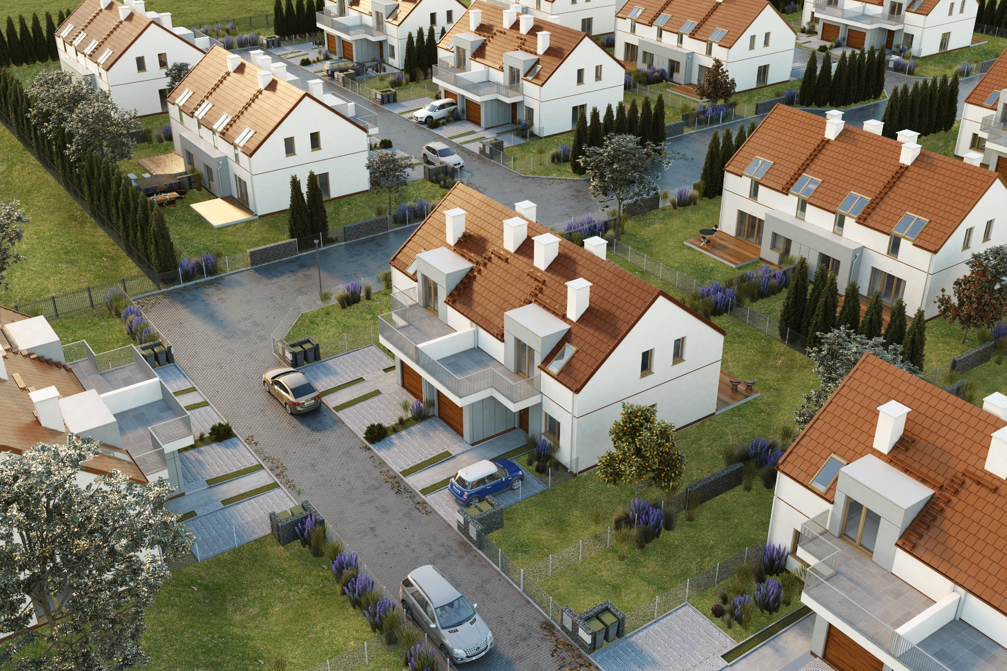 Wizualizacja osiedla domów jednorodzinnych z brązowymi dachami, widok z lotu ptaka, ukazujący zagospodarowanie terenu z podjazdami, ogrodami i samochodami.