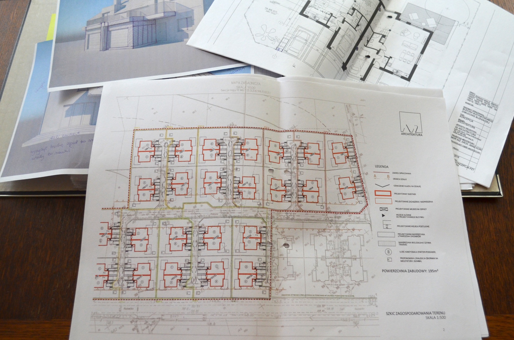 Szkic zagospodarowania terenu osiedla domów jednorodzinnych w Świdnicy, z mapą zasadniczą i wizualizacjami koncepcyjnymi.