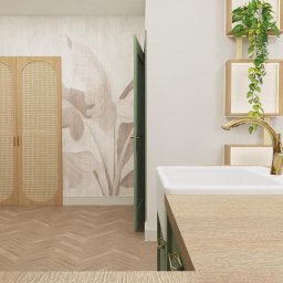 ProjektPS - Wizualizacja nowoczesnej łazienki z elementami retro: szafka z zielonymi frontami i złotymi uchwytami, biała umywalka z baterią w kolorze złota, parkiet w jodełkę, drzwi z zieloną ościeżnicą...