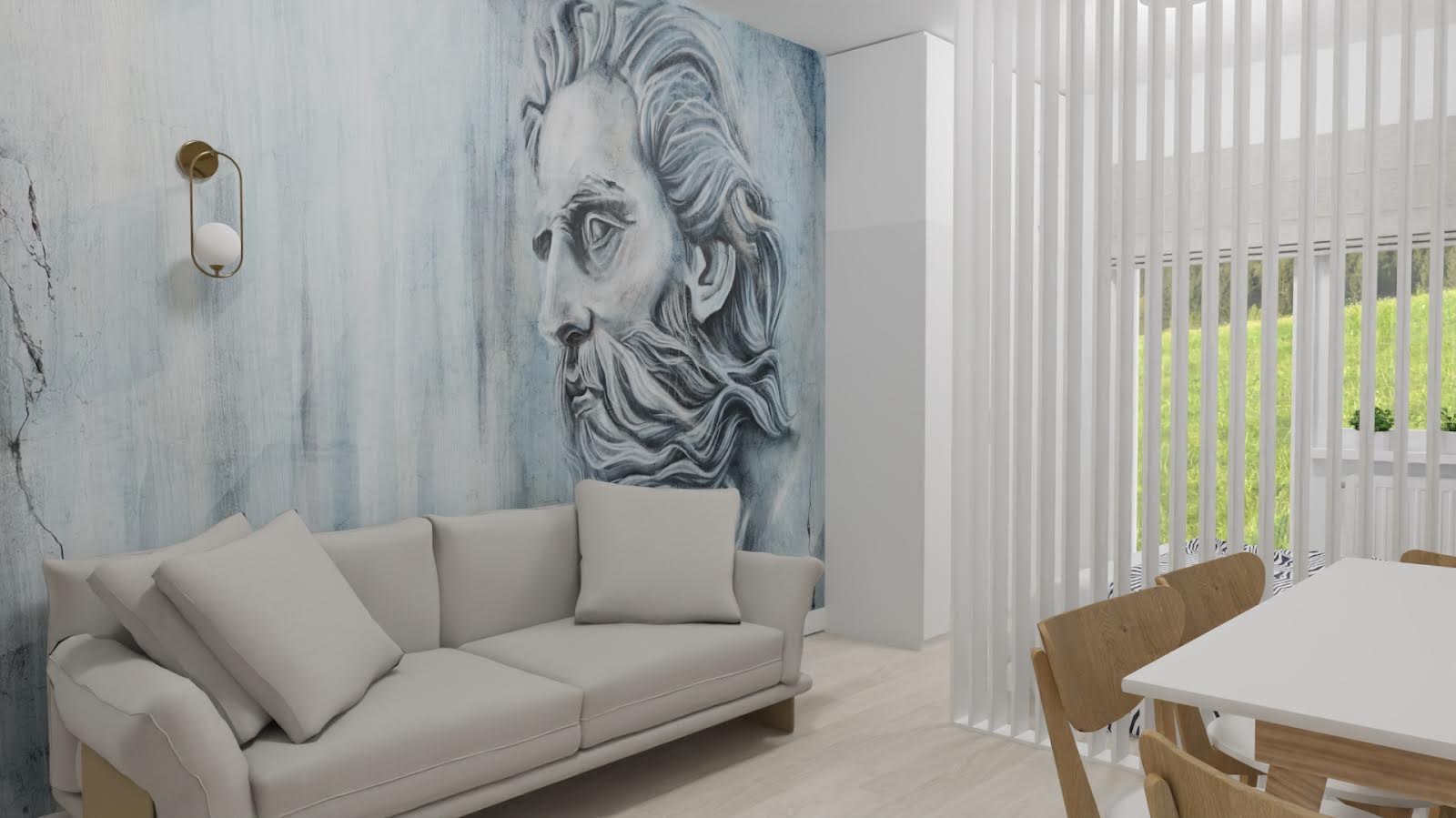 Jasnoszary salon z sofą, lampą ścienną i dekoracyjną ścianą z motywem popiersia w stylu antycznym.