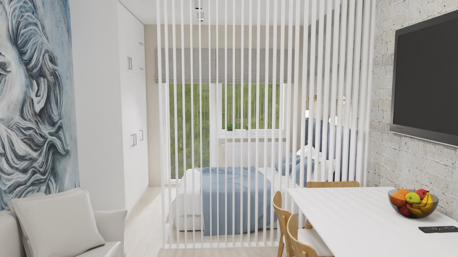 Wizualizacja sypialni w Główczycach z łóżkiem oddzielonym białymi lamelami od części dziennej z białym narożnikiem i stołem z owocami, na ścianie widoczny portret i telewizor.