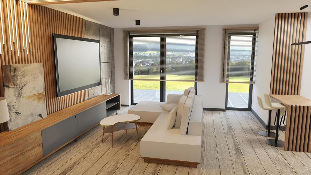 Wizualizacja salonu z drewnianymi lamelami na ścianie, szarą szafką RTV, narożną sofą w odcieniach bieli i stołem barowym z hokerami, widok na miasto przez okno.