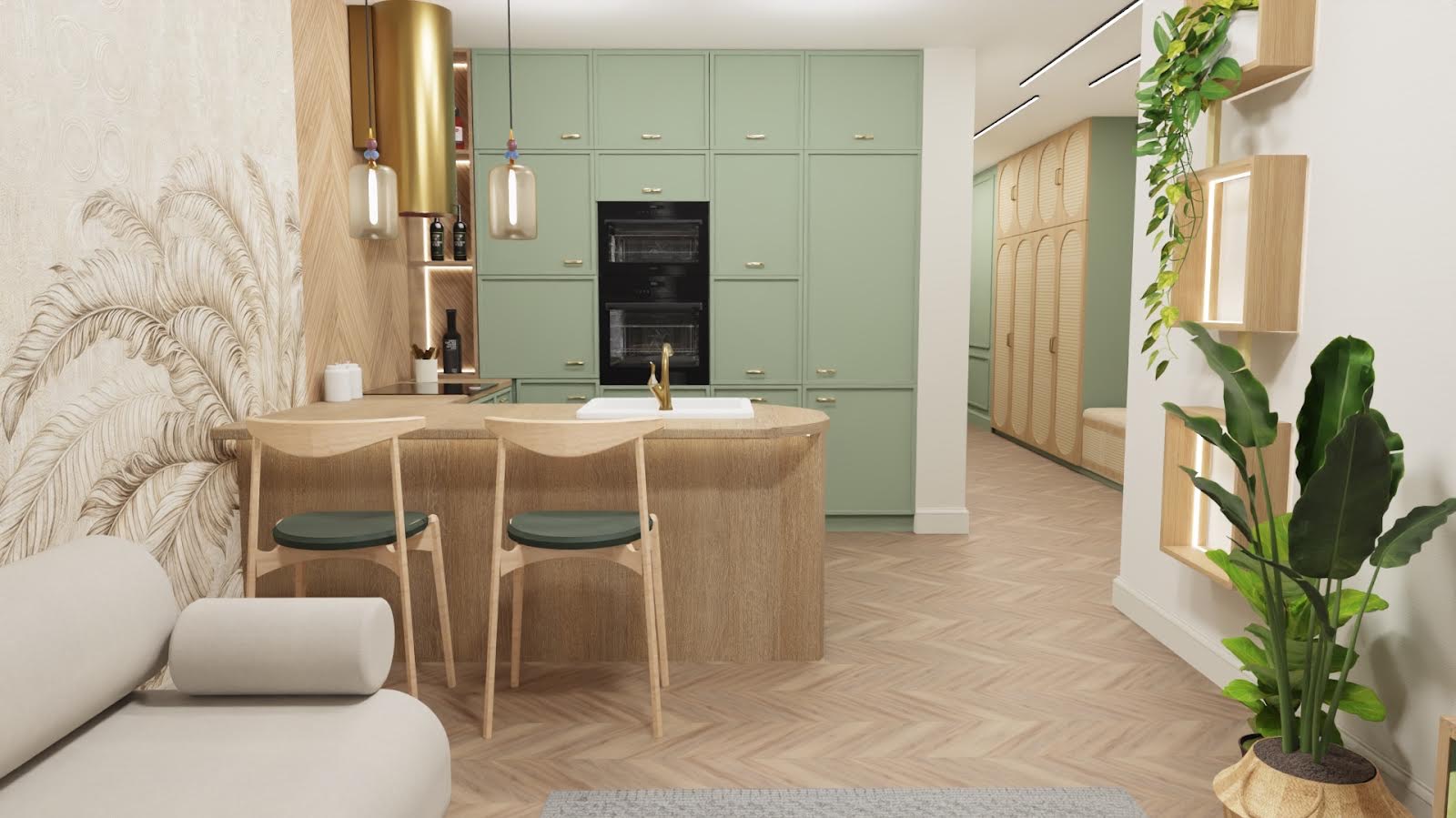 Wizualizacja wnętrza: kuchnia z wyspą, zielone szafki, drewniane krzesła z zielonymi siedziskami, tapeta z motywem palm, złote lampy wiszące i parkiet w jodełkę.