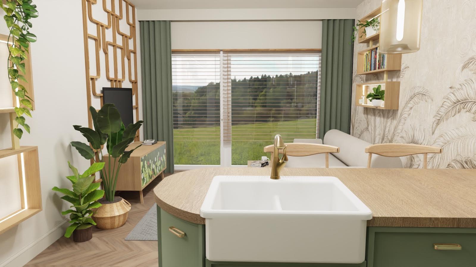 Wnętrze mieszkania z widokiem na zieleń za oknem, z akcentami drewna i zieleni, widoczny fragment wyspy kuchennej z białym zlewem i złotą baterią, w tle sofa i regały z książkami.