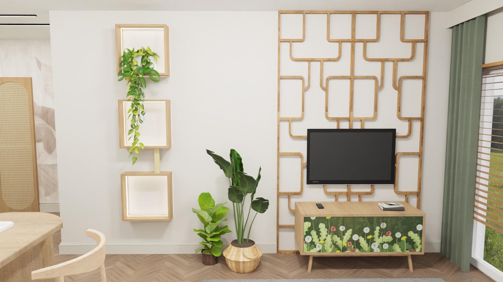 Salon z telewizorem na szafce z motywem kwiatowym, drewnianą ażurową ścianką i podświetlanymi półkami z roślinami.
