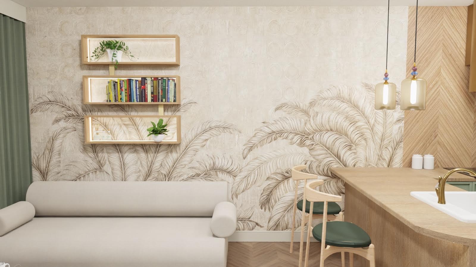 Wizualizacja salonu z aneksem kuchennym w stylu boho: beżowa sofa na tle ściany z motywem palm, podświetlane półki z książkami i roślinami, drewniany blat kuchenny z hokerami na parkiecie w jodełkę.