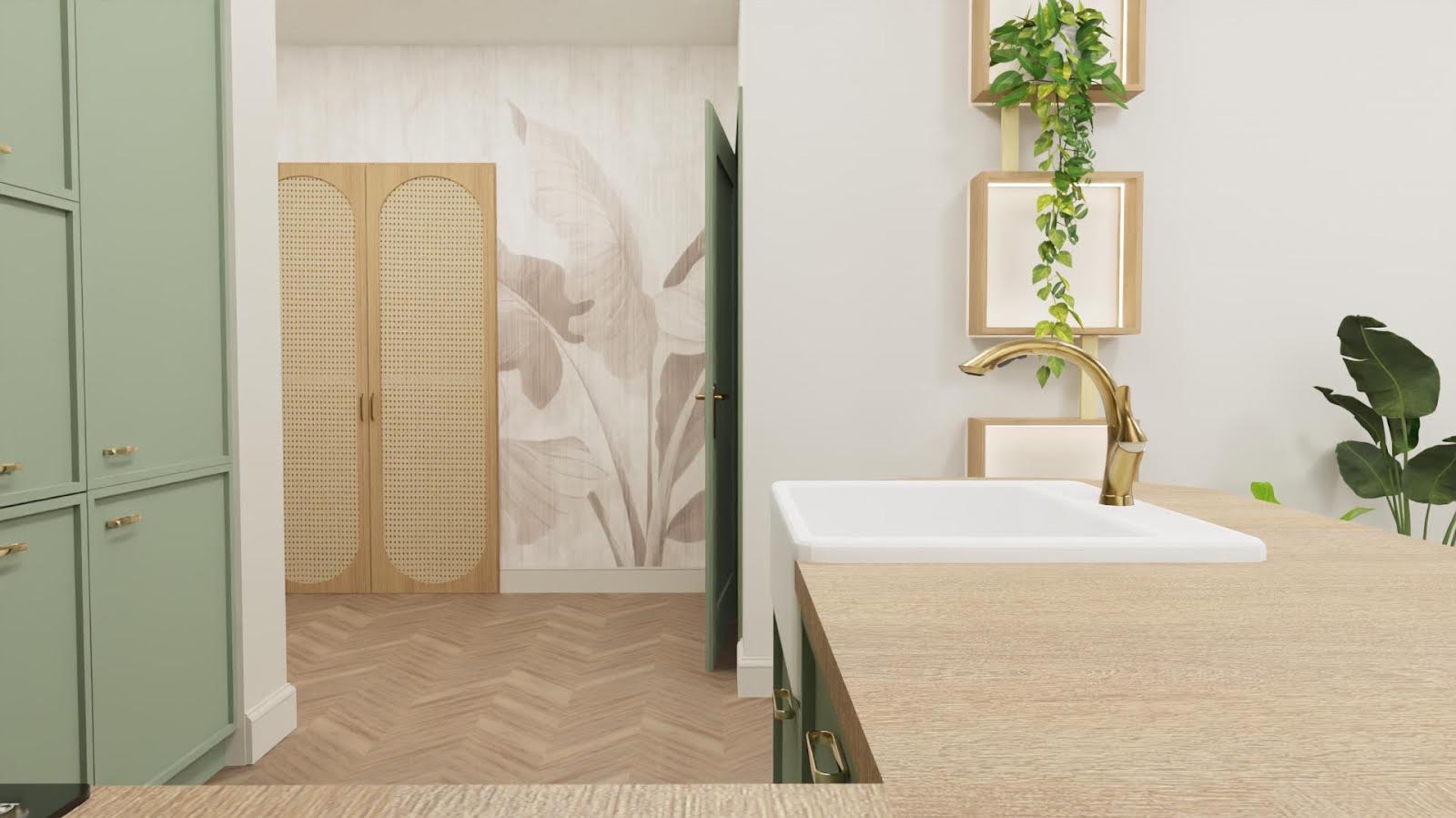Wizualizacja nowoczesnej łazienki z elementami retro: szafka z zielonymi frontami i złotymi uchwytami, biała umywalka z baterią w kolorze złota, parkiet w jodełkę, drzwi z zieloną ościeżnicą...