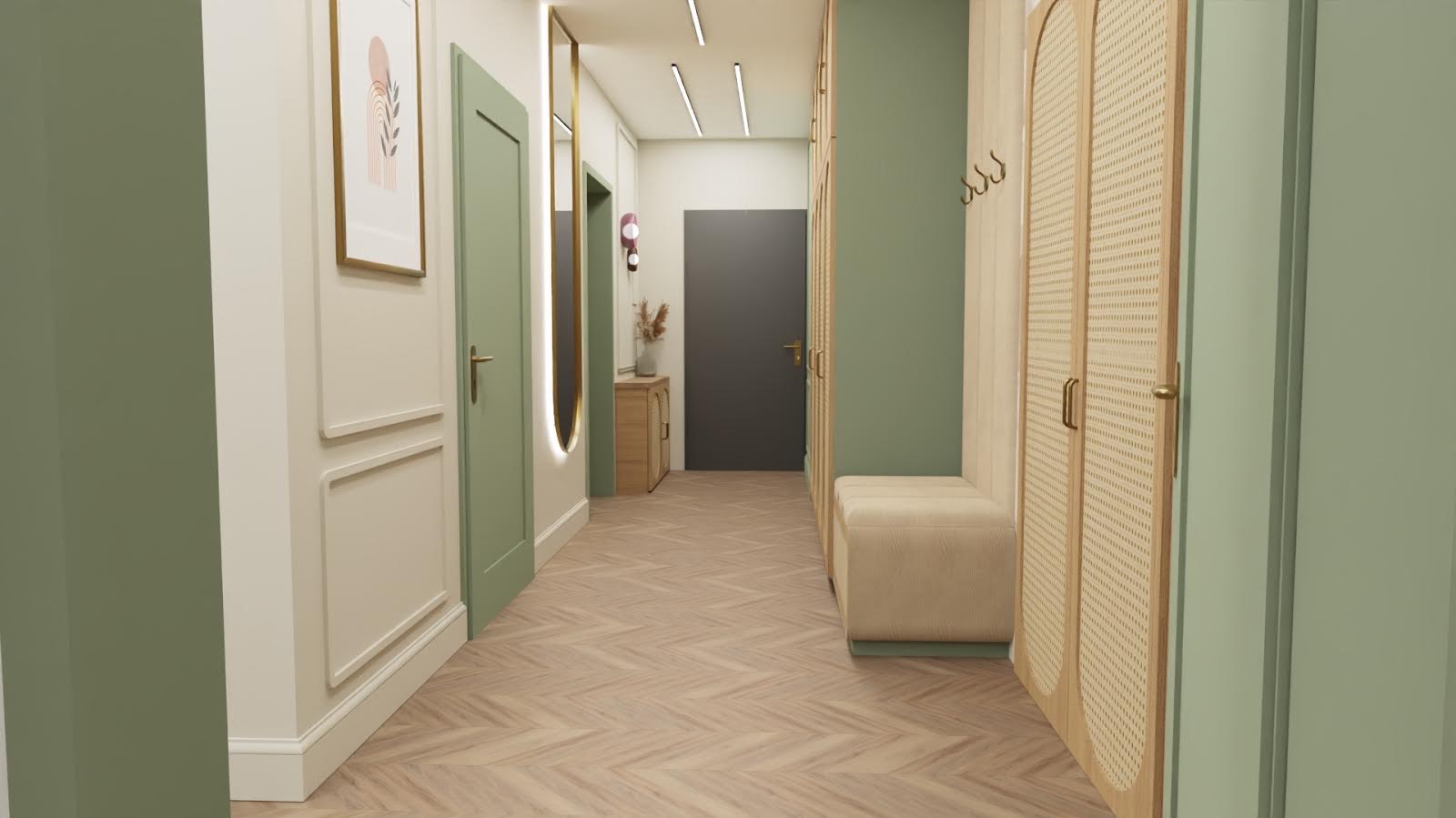 Wnętrze przedpokoju w odcieniach zieleni i beżu z parkietem w jodełkę, szafą z rattanowymi frontami, lustrem w złotej ramie i minimalistycznym obrazem na ścianie.