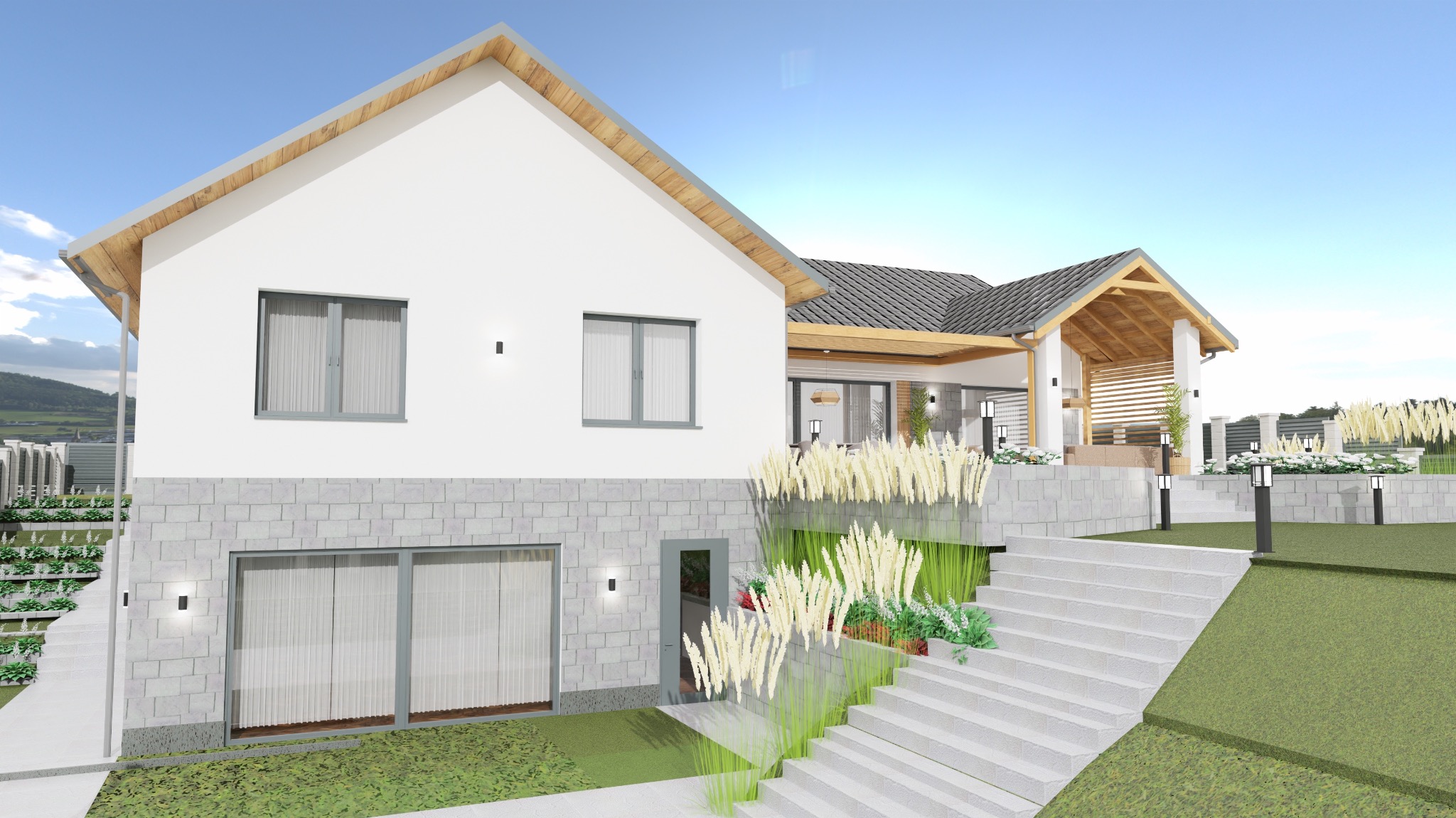 Wizualizacja 3D nowoczesnego domu z białymi ścianami, kamienną elewacją i schodami prowadzącymi do ogrodu. Widoczne elementy drewniane i oświetlenie zewnętrzne.