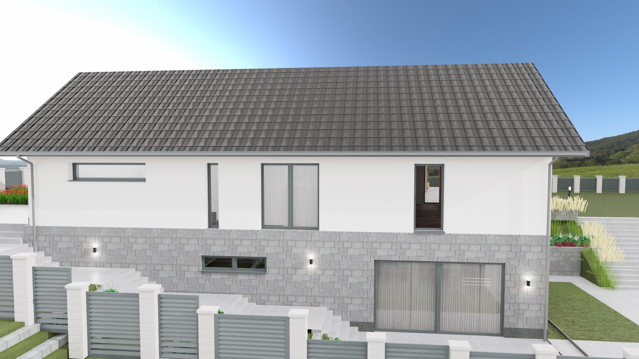 Wizualizacja nowoczesnego, dwukondygnacyjnego domu z szarą dachówką i kamienną elewacją. Widoczne schody, ogrodzenie i zadbany ogród z roślinnością ozdobną.