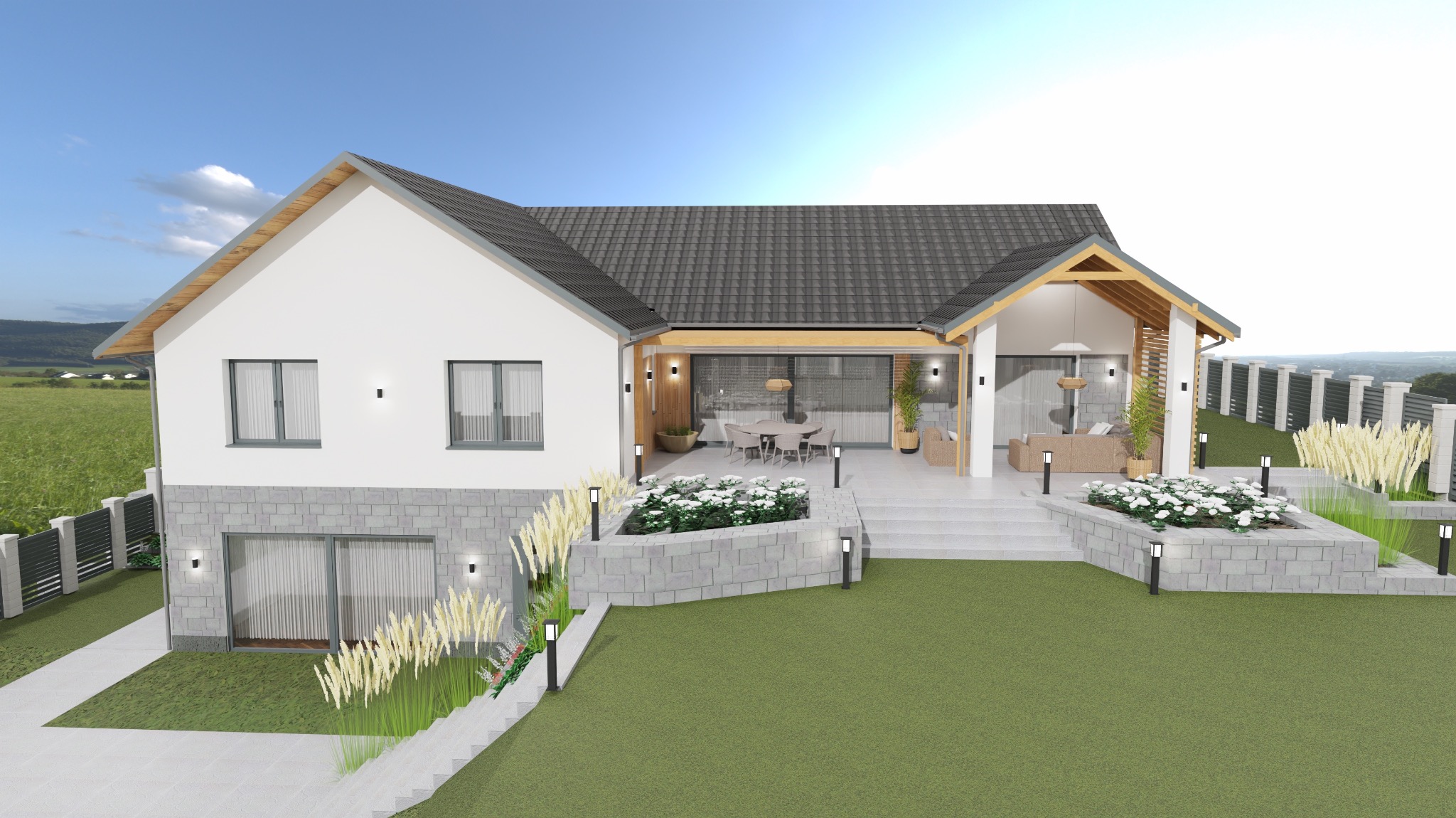 Wizualizacja 3D domu jednorodzinnego z tarasem i ogrodem, w tle krajobraz. Nowoczesna architektura, jasna elewacja, szary dach. Oświetlenie zewnętrzne, roślinność ozdobna.