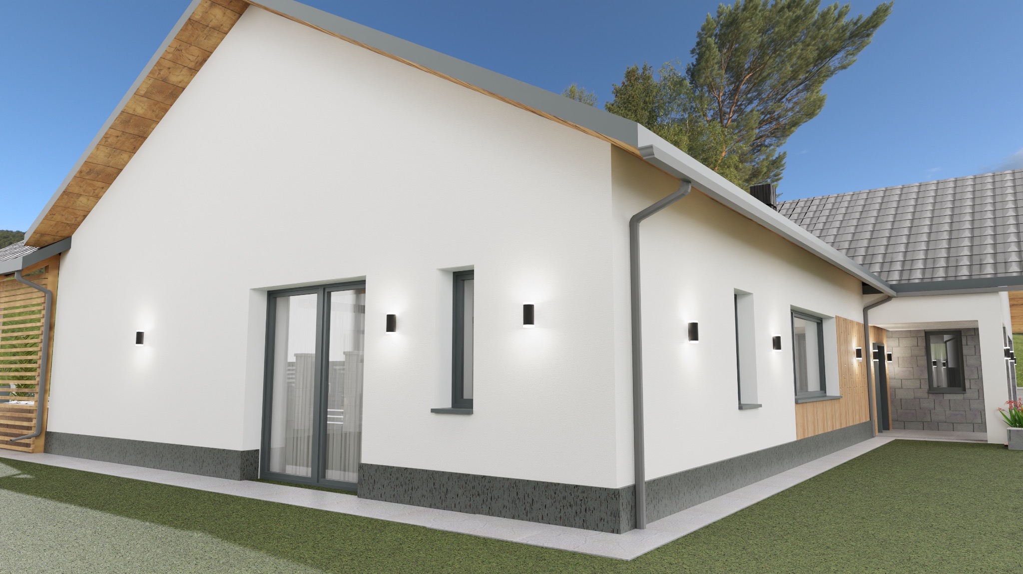 Wizualizacja parterowego domu jednorodzinnego z białymi ścianami, szarą podmurówką i drewnianymi elementami elewacji, oświetlonego zewnętrznymi lampami.