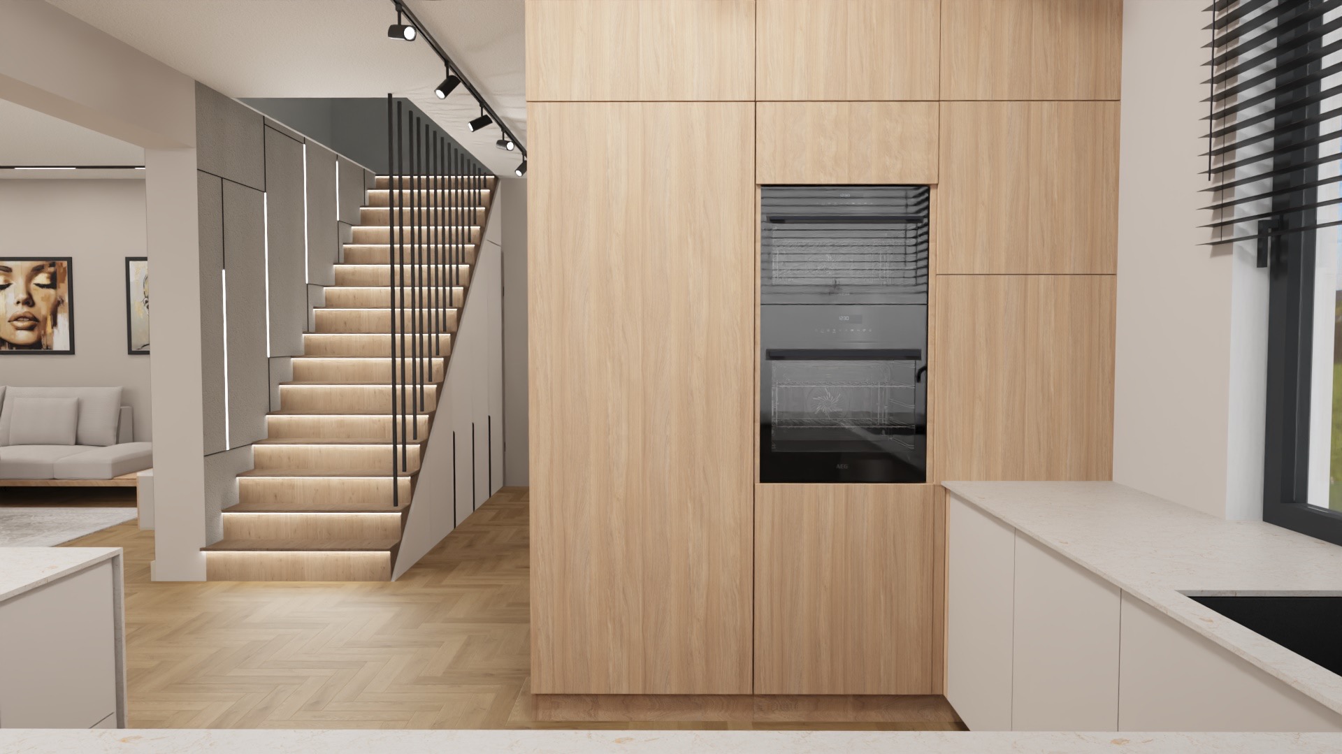 Nowoczesna kuchnia z drewnianymi szafkami, wbudowanym piekarnikiem i schodami z podświetleniem LED. Parkiet ułożony we wzór jodełki. Minimalistyczny design.